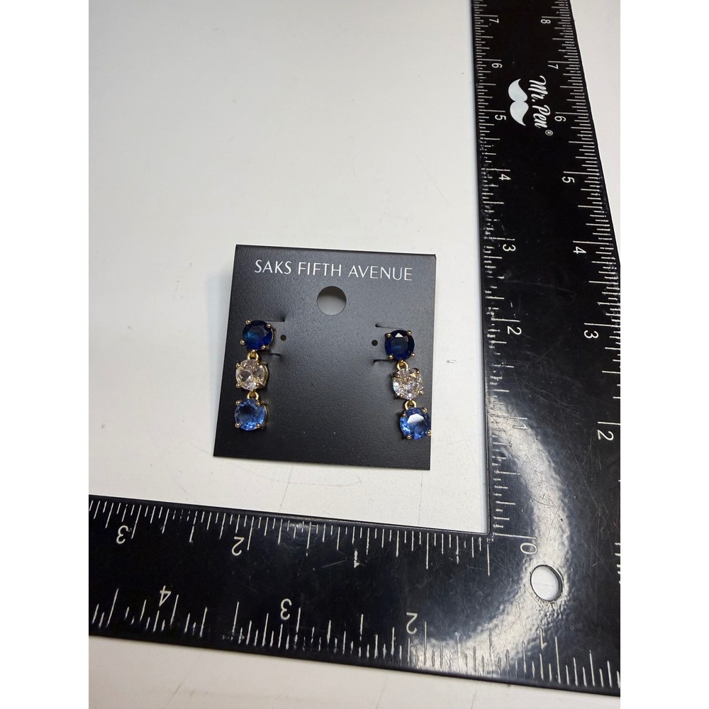 Saks Fifth Avenue Blue Clear Crystal Triple Drop Earrings Gold Tone Post Back